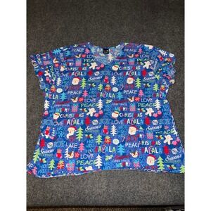 Zoe + Chloe Christmas Scrub Top Womens 3XL Blue Holiday Santa Cotton V-Neck